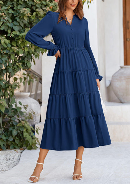 Brick Red Swiss Dot Smocked Tiered Maxi Dress - Long Sleeve, photo 44