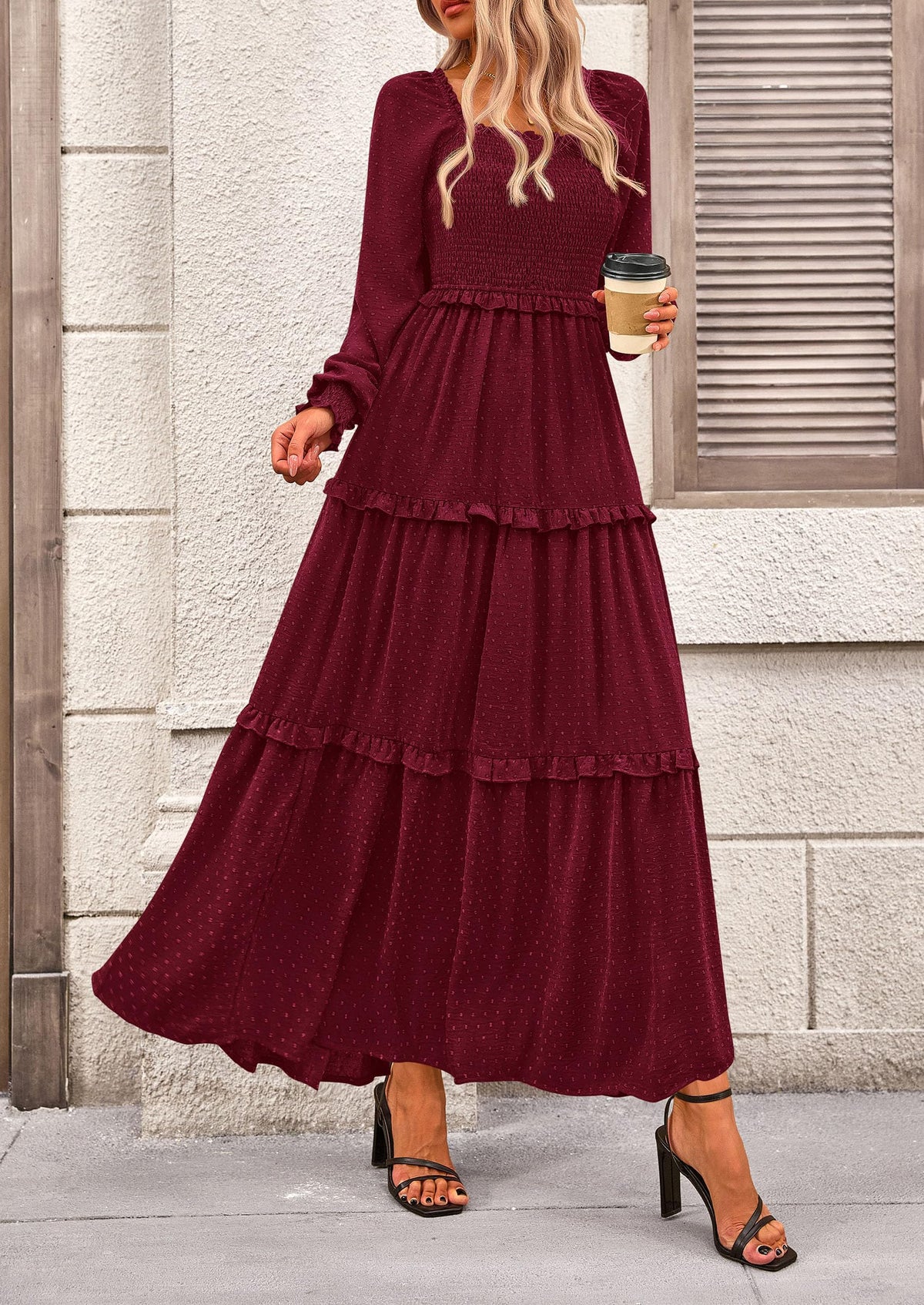 Beige Swiss Dot Smocked Tiered Maxi Dress - Long Sleeve, photo 41