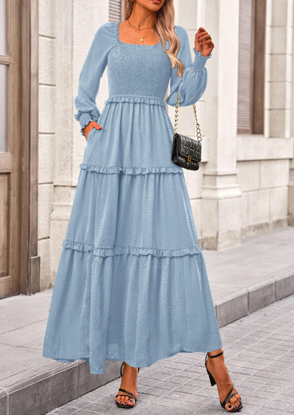 Beige Swiss Dot Smocked Tiered Maxi Dress - Long Sleeve, photo 57