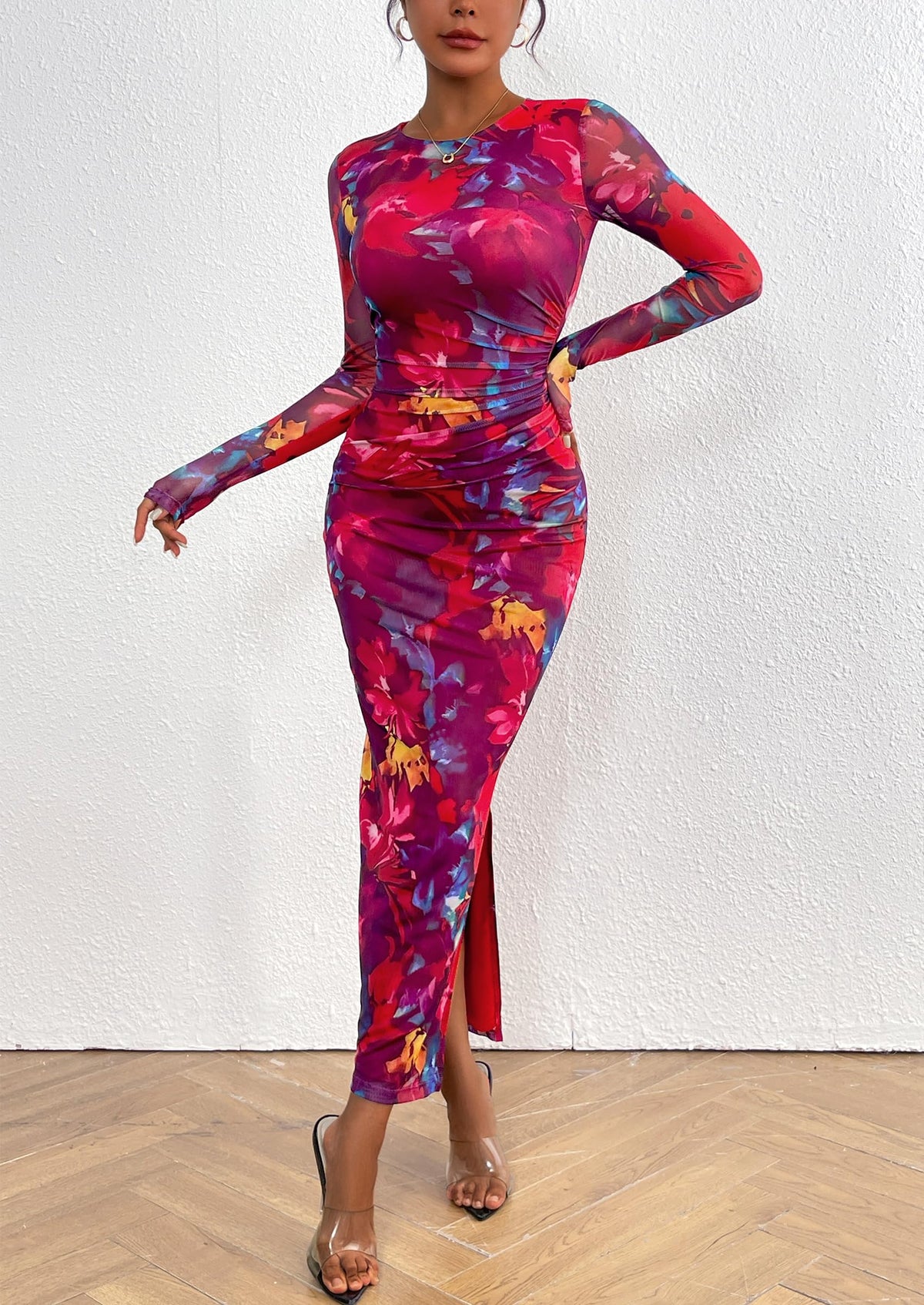 Floral Bodycon Ruched Maxi Dress - Long Sleeve, Party - photo 29