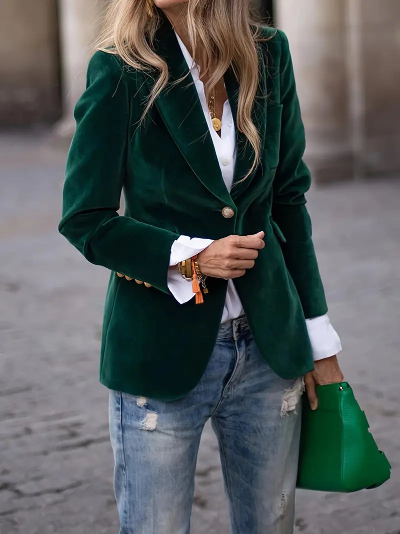 Elegant black velvet blazer with shimmering sheen and figure-flattering feminine cut