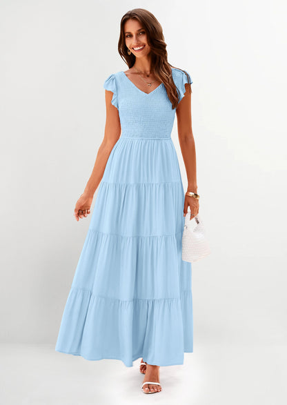 Flowy Smocked Maxi Dress - Cap Sleeve, V-Neck, Casual - photo 50