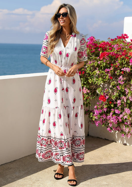 Floral Flowy Maxi Dress - Short Sleeve, V-Neck, Boho - photo 1