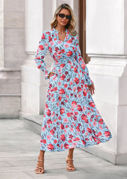 Floral A-Line Flowy Maxi Dress - Long Sleeve, V-Neck, Casual - photo 1