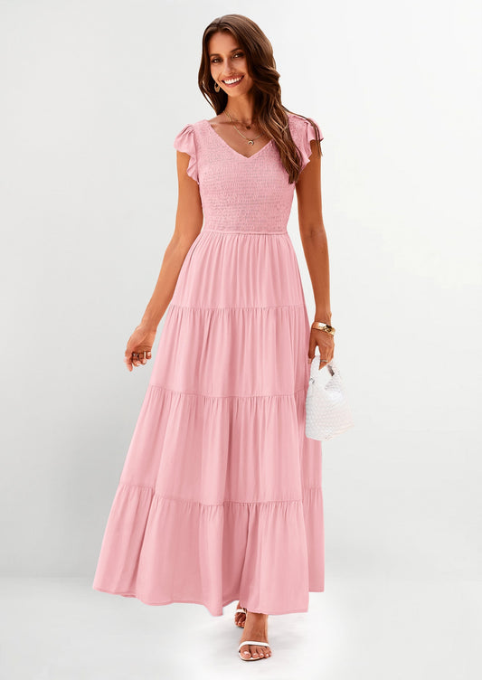 Flowy Smocked Maxi Dress - Cap Sleeve, V-Neck, Casual - photo 1