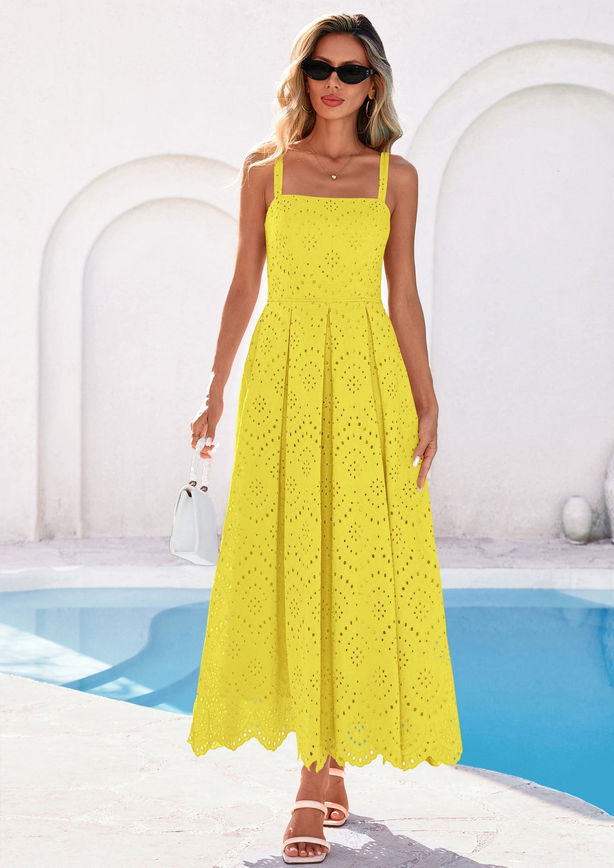 Eyelet Flowy Maxi Dress - Sleeveless, Square Neck, Beach - photo 74