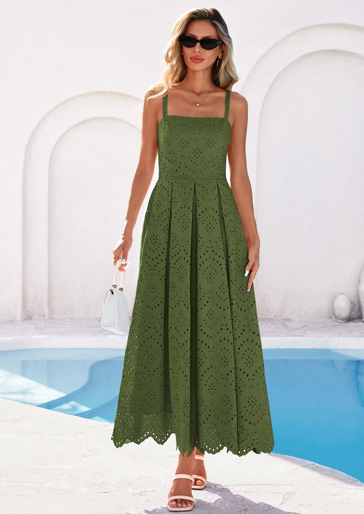 Eyelet Flowy Maxi Dress - Sleeveless, Square Neck, Beach - photo 26