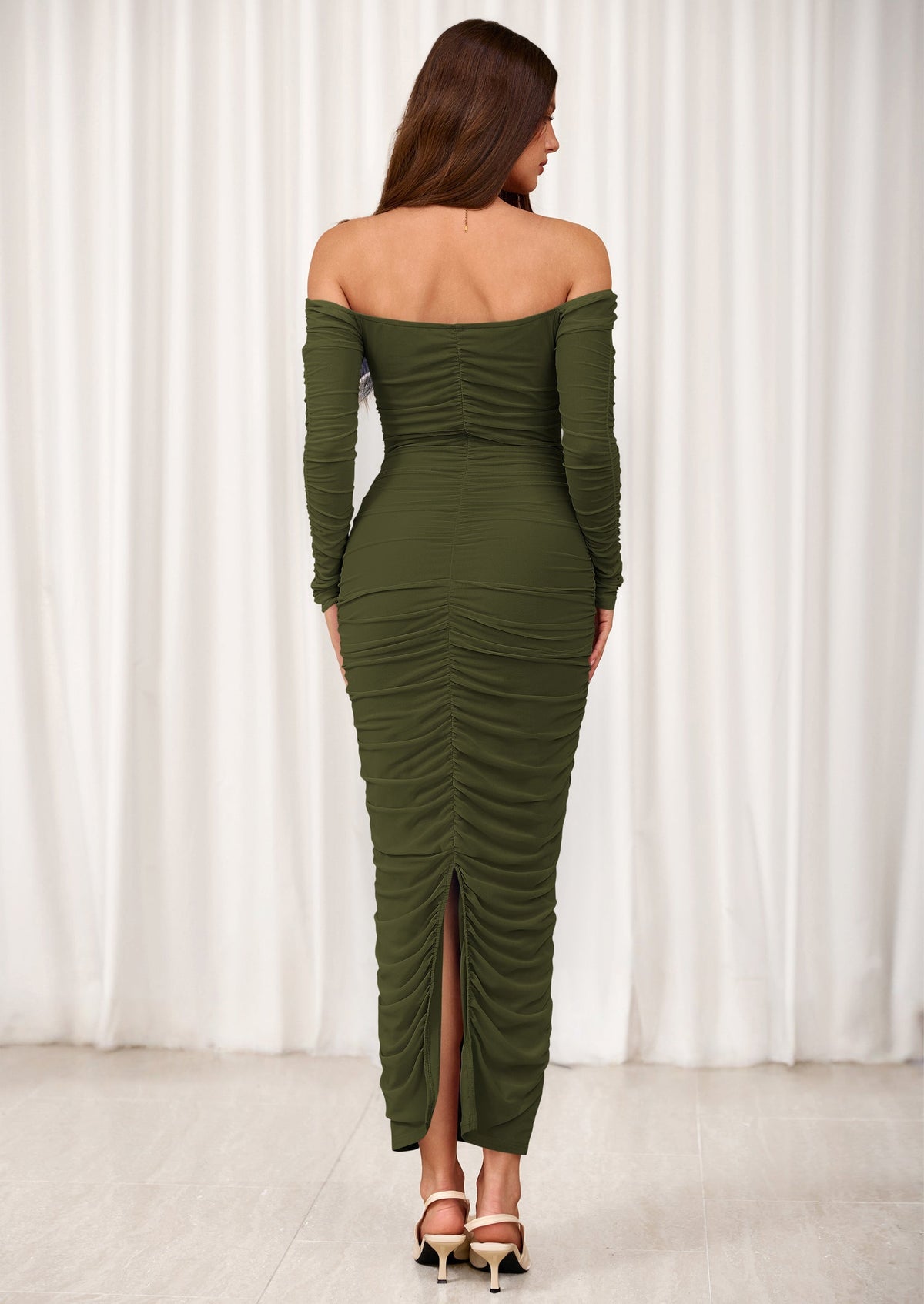 Mesh Ruched Bodycon Maxi Dress - Long Sleeve, Wedding Guest - photo 2