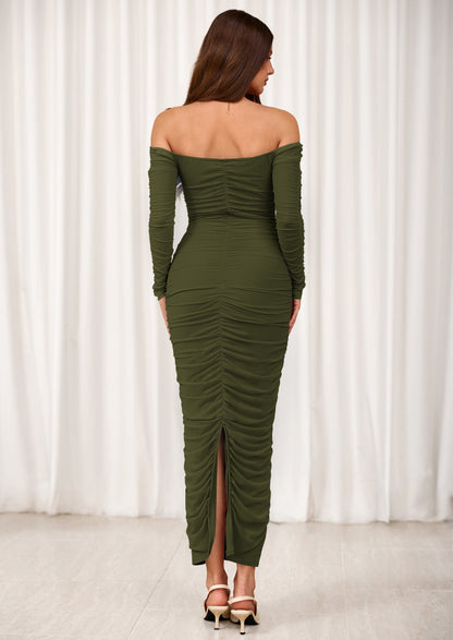 Mesh Ruched Bodycon Maxi Dress - Long Sleeve, Wedding Guest - photo 2