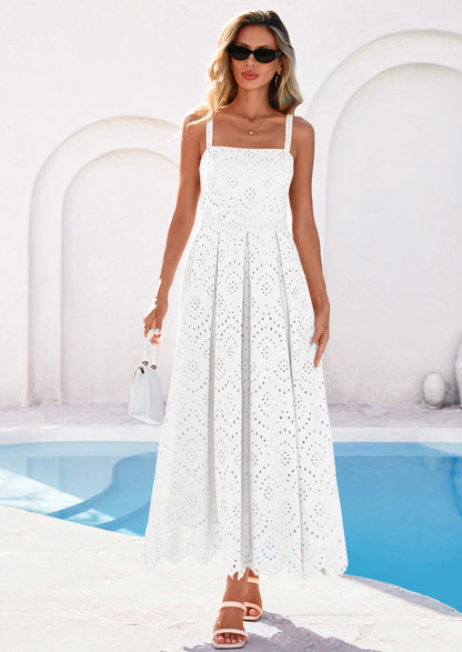 Eyelet Flowy Maxi Dress - Sleeveless, Square Neck, Beach - photo 20
