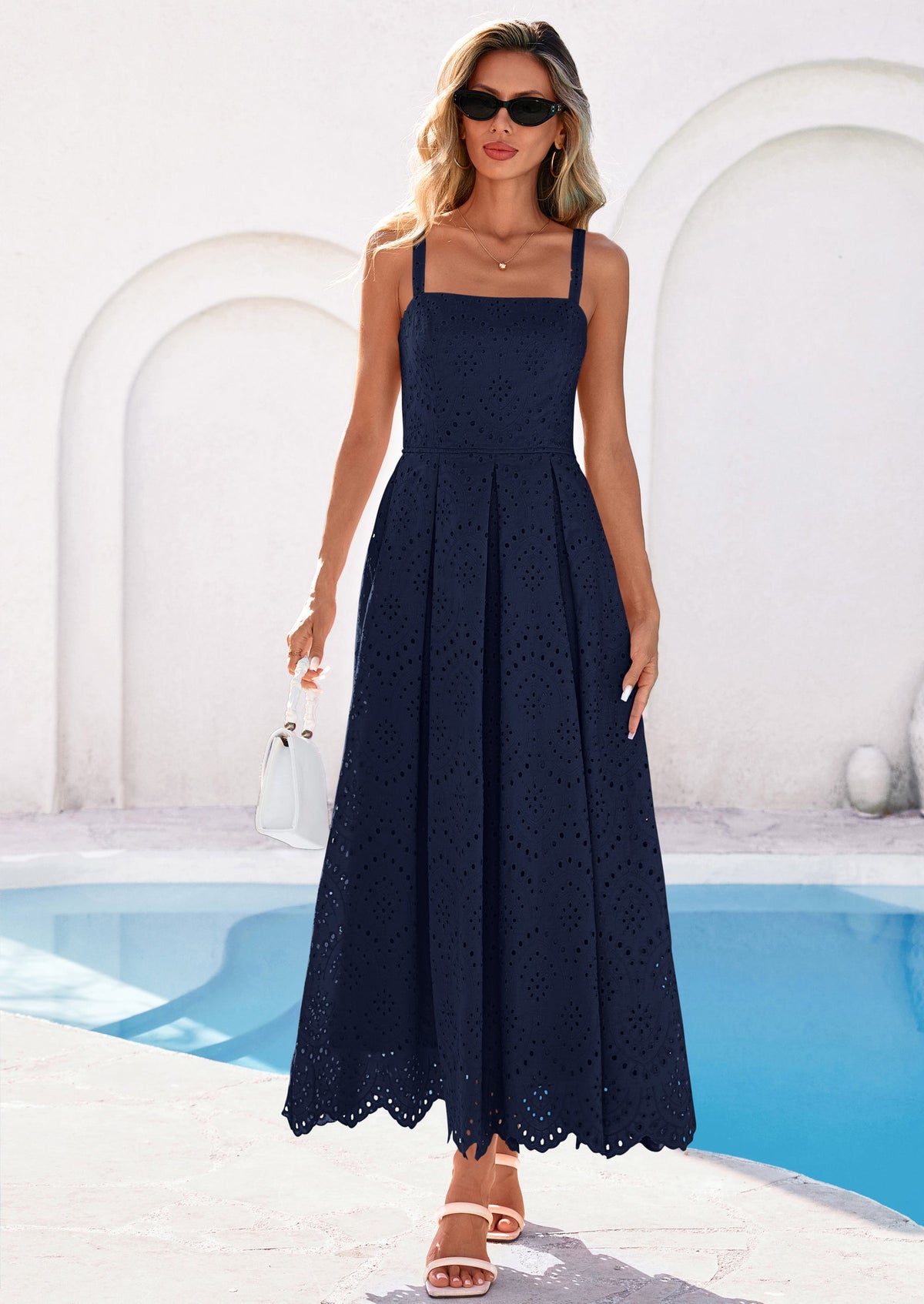 Eyelet Flowy Maxi Dress - Sleeveless, Square Neck, Beach - photo 14