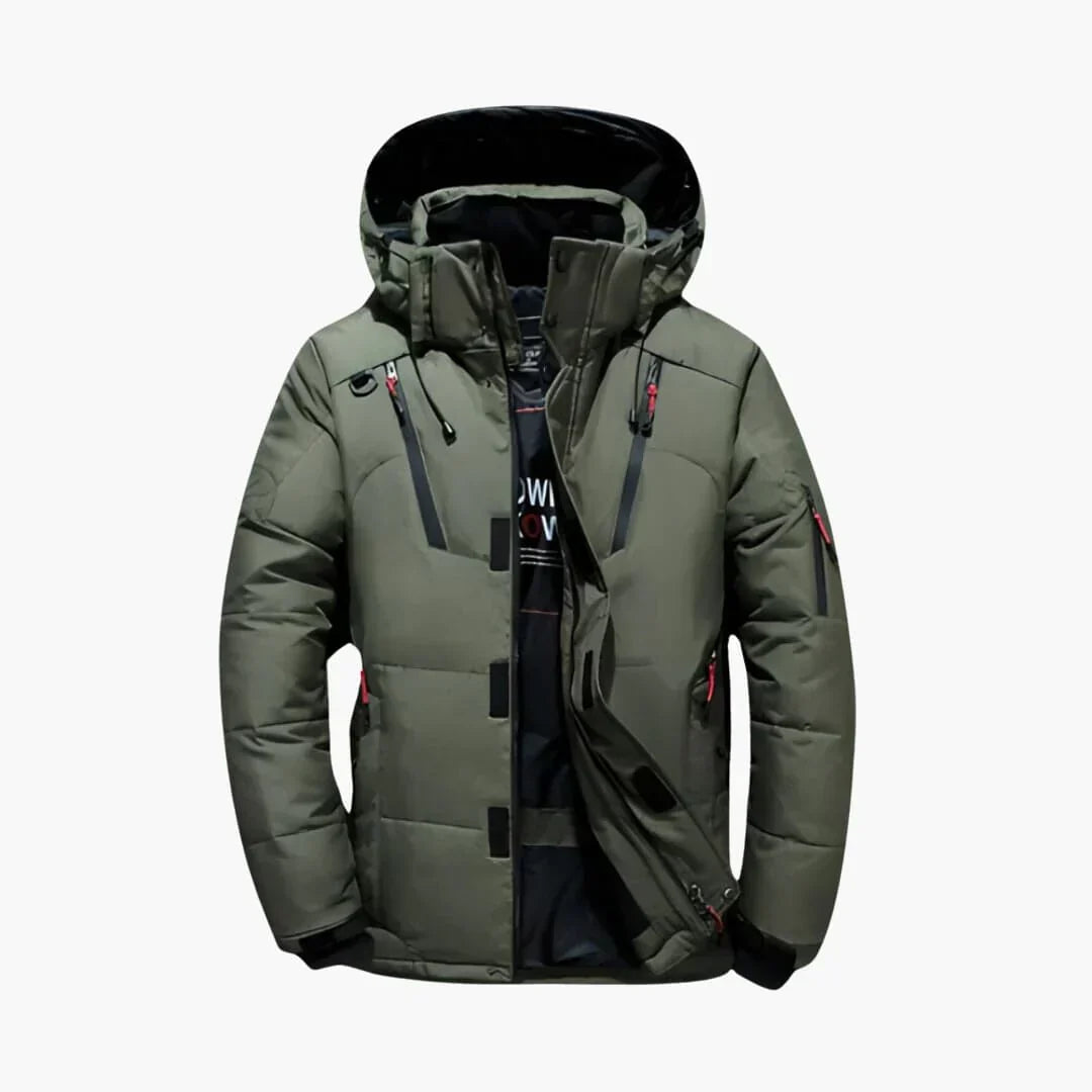 Men's black performance winter jacket with streamlined silhouette and technical weatherproof construction