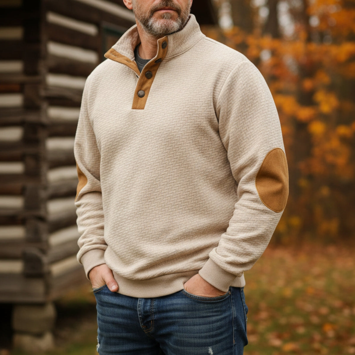 Men's Wool Sweater With Stand Collar Elbow Patch And Button Placket