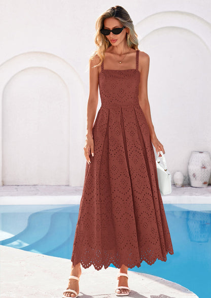 Eyelet Flowy Maxi Dress - Sleeveless, Square Neck, Beach - photo 59