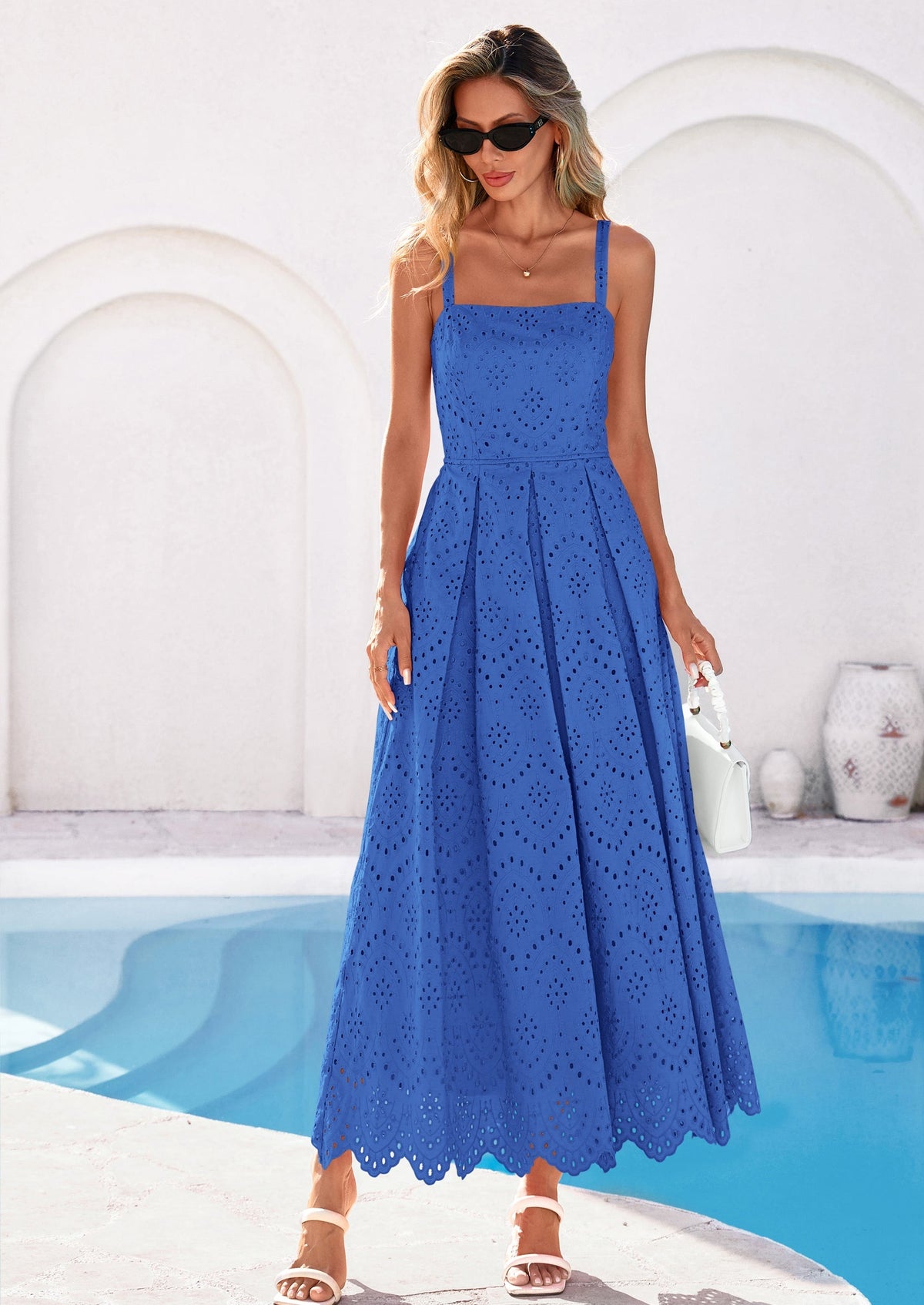 Eyelet Flowy Maxi Dress - Sleeveless, Square Neck, Beach - photo 51