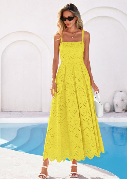 Eyelet Flowy Maxi Dress - Sleeveless, Square Neck, Beach - photo 77