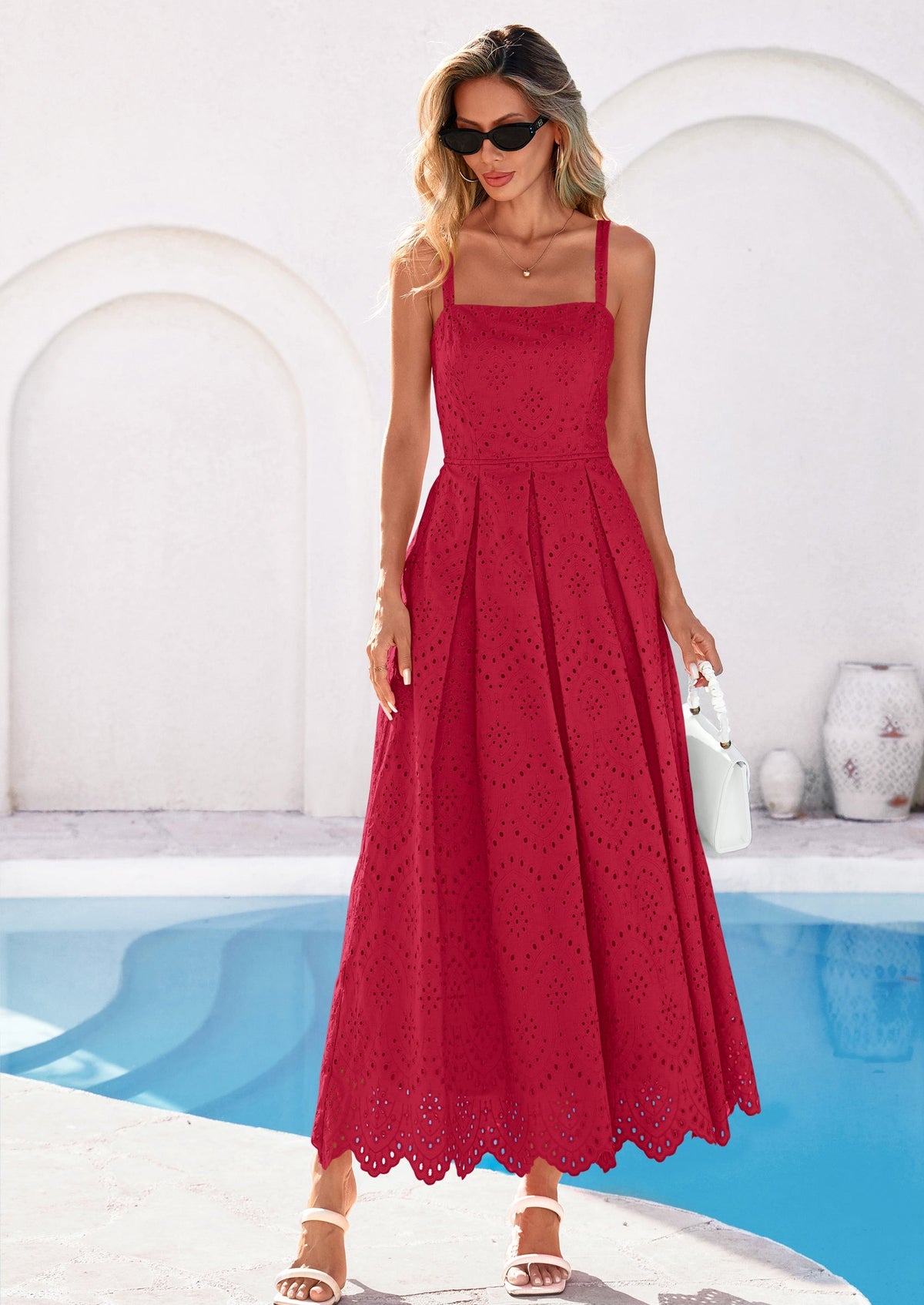 Eyelet Flowy Maxi Dress - Sleeveless, Square Neck, Beach - photo 34