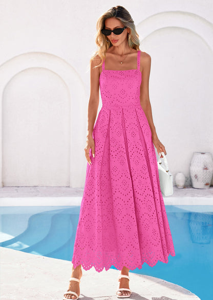 Eyelet Flowy Maxi Dress - Sleeveless, Square Neck, Beach - photo 46
