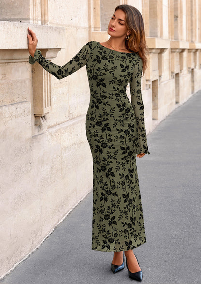 Floral Mesh Bodycon Maxi Dress - Long Sleeve, Boat Neck, photo 15