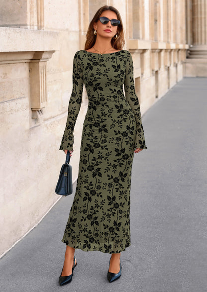 Floral Mesh Bodycon Maxi Dress - Long Sleeve, Boat Neck, photo 16