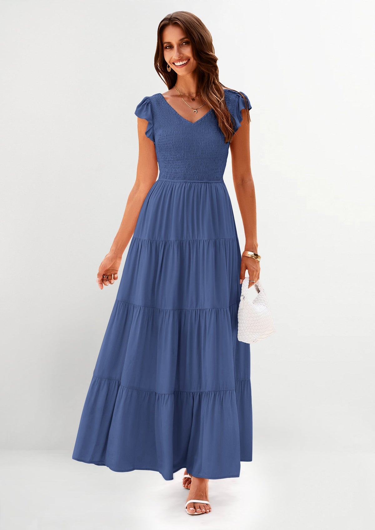 Flowy Smocked Maxi Dress - Cap Sleeve, V-Neck, Casual - photo 32