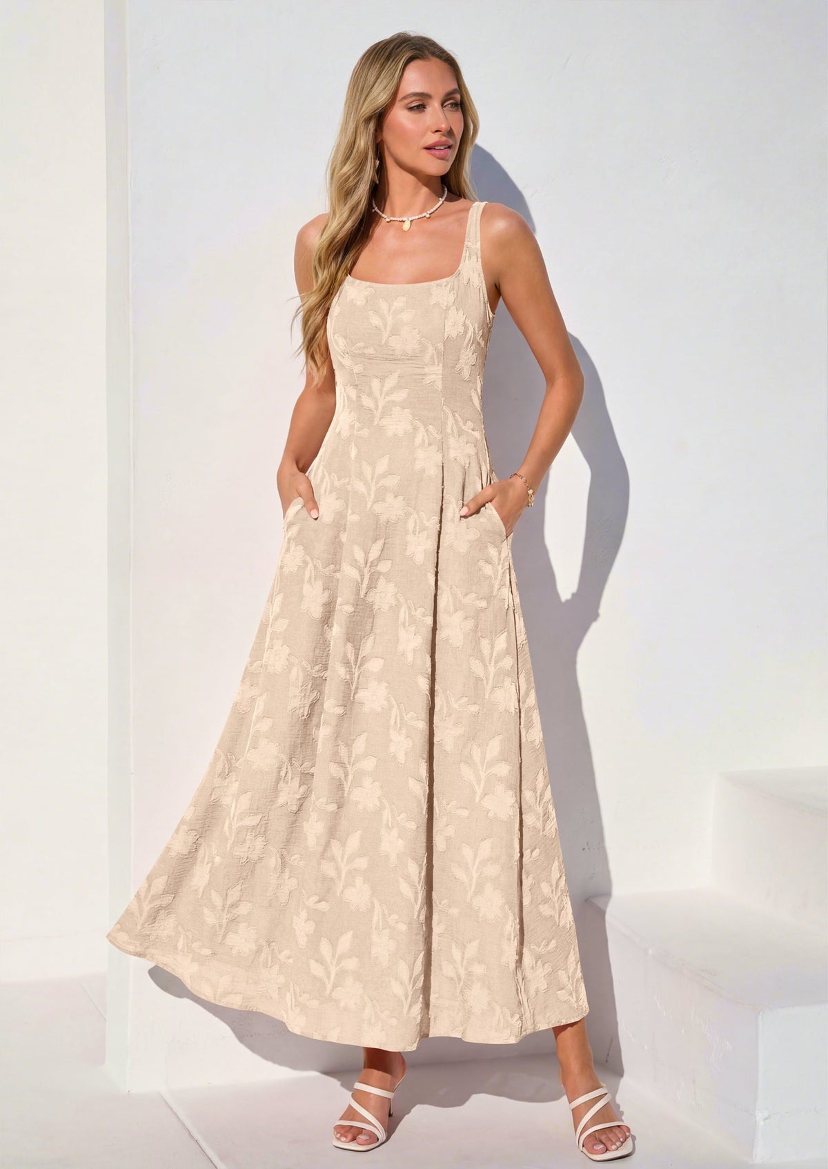 Jacquard Flowy Maxi Dress - Sleeveless, Square Neck, Casual - photo 21