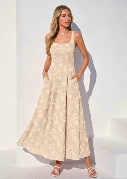 Jacquard Flowy Maxi Dress - Sleeveless, Square Neck, Casual - photo 21