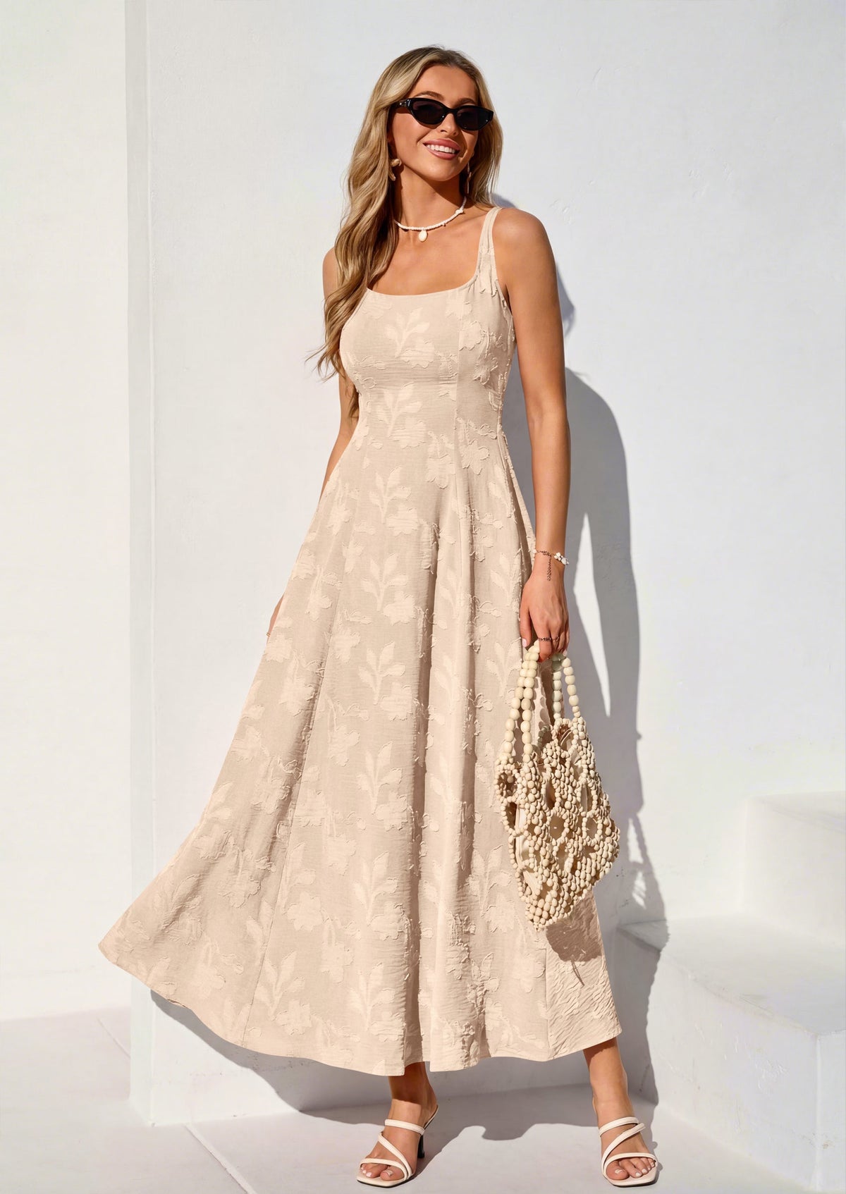 Jacquard Flowy Maxi Dress - Sleeveless, Square Neck, Casual - photo 23