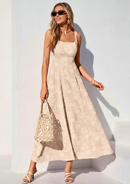 Jacquard Flowy Maxi Dress - Sleeveless, Square Neck, Casual - photo 25