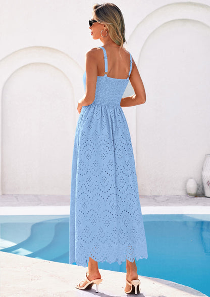 Eyelet Flowy Maxi Dress - Sleeveless, Square Neck, Beach - photo 39