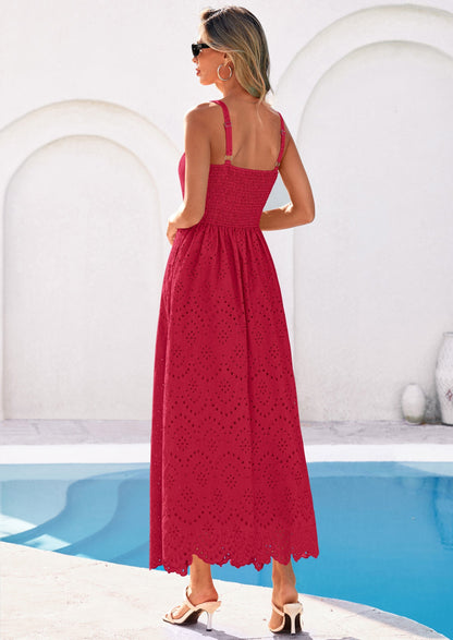 Eyelet Flowy Maxi Dress - Sleeveless, Square Neck, Beach - photo 33