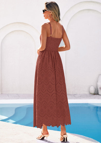Eyelet Flowy Maxi Dress - Sleeveless, Square Neck, Beach - photo 57