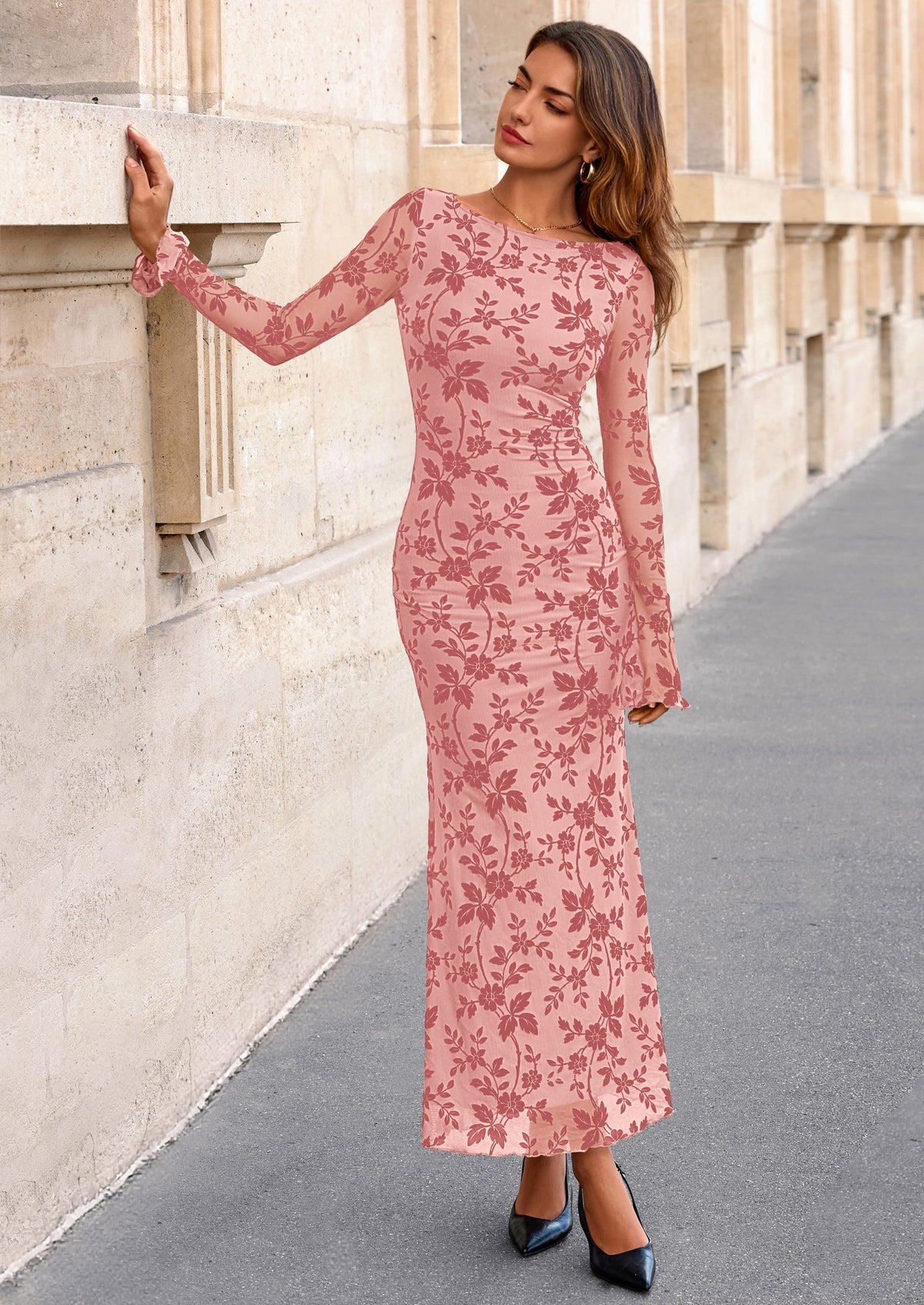Floral Mesh Bodycon Maxi Dress - Long Sleeve, Boat Neck, photo 21