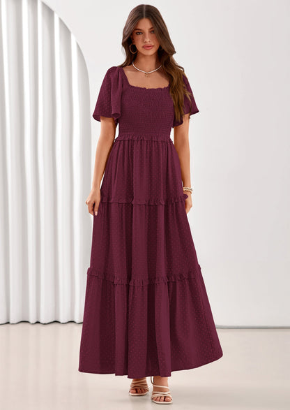 Swiss Dot Smocked Maxi Dress - Short Sleeve, Square Neck, Boho - photo 20