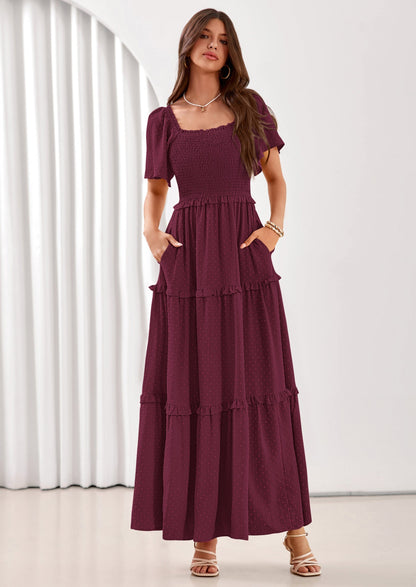 Swiss Dot Smocked Maxi Dress - Short Sleeve, Square Neck, Boho - photo 23