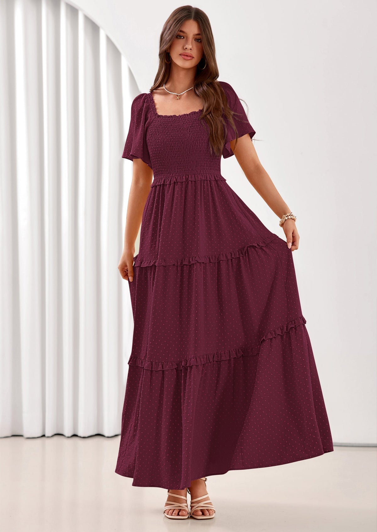 Swiss Dot Smocked Maxi Dress - Short Sleeve, Square Neck, Boho - photo 25