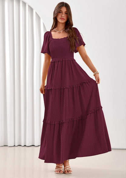 Swiss Dot Smocked Maxi Dress - Short Sleeve, Square Neck, Boho - photo 25