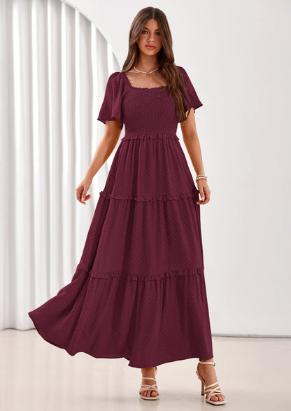 Swiss Dot Smocked Maxi Dress - Short Sleeve, Square Neck, Boho - photo 24