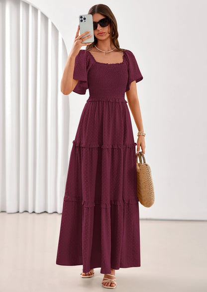 Swiss Dot Smocked Maxi Dress - Short Sleeve, Square Neck, Boho - photo 22