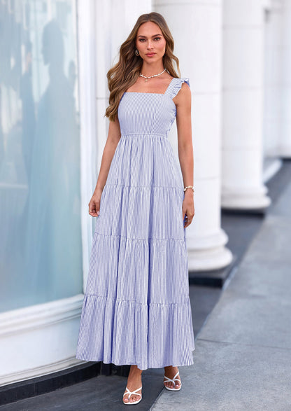 Striped Flowy Maxi Dress - Sleeveless, Square Neck, Casual - photo 38