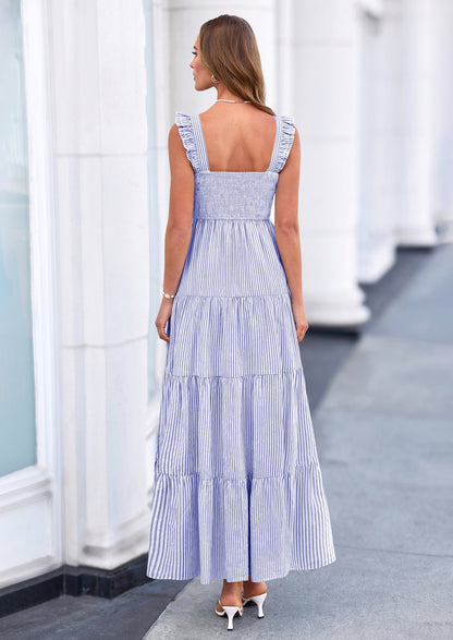 Striped Flowy Maxi Dress - Sleeveless, Square Neck, Casual - photo 39