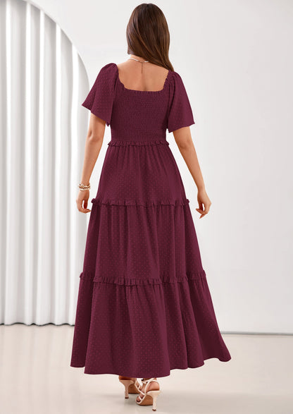 Swiss Dot Smocked Maxi Dress - Short Sleeve, Square Neck, Boho - photo 21