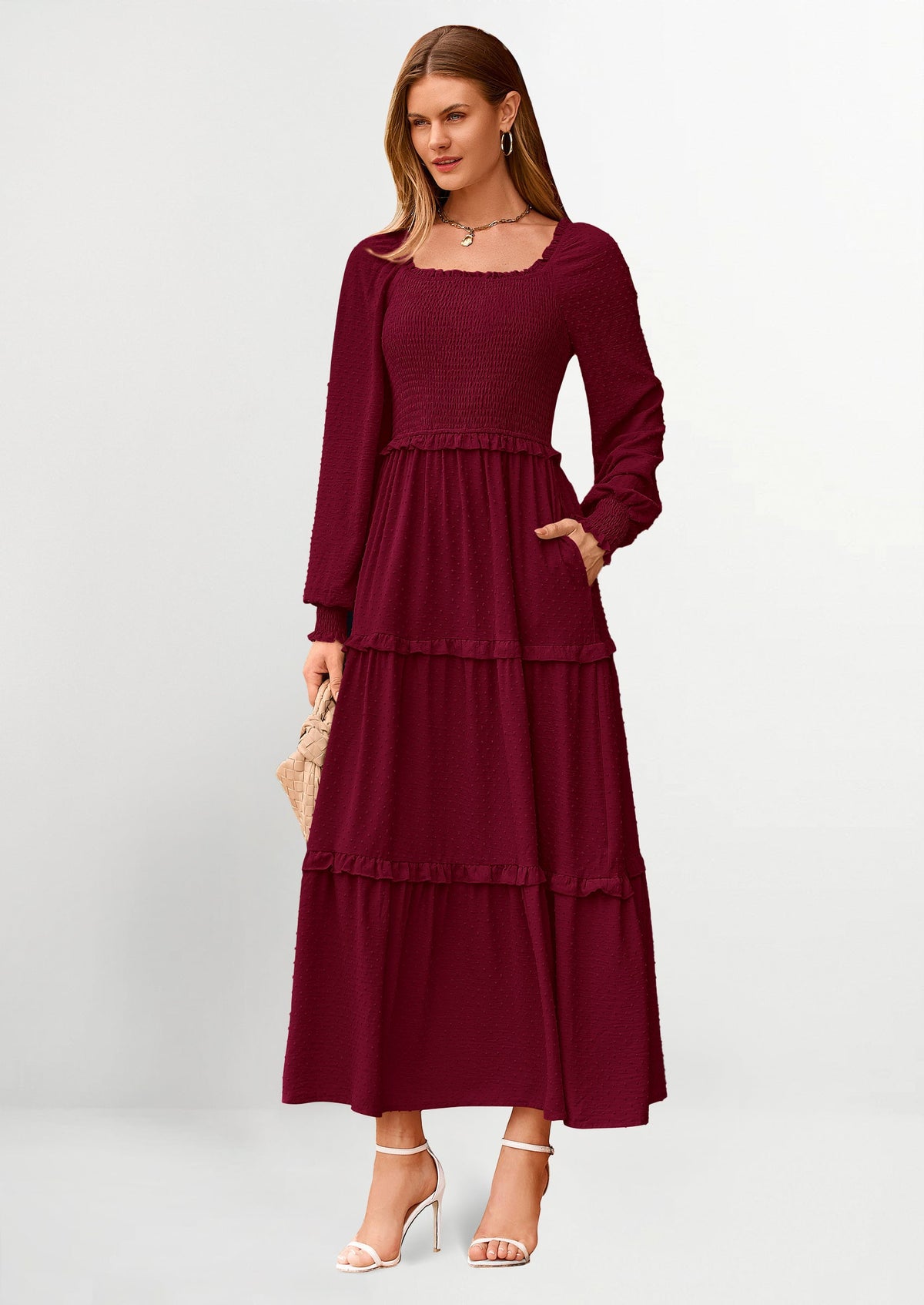 Beige Swiss Dot Smocked Tiered Maxi Dress - Long Sleeve, photo 34