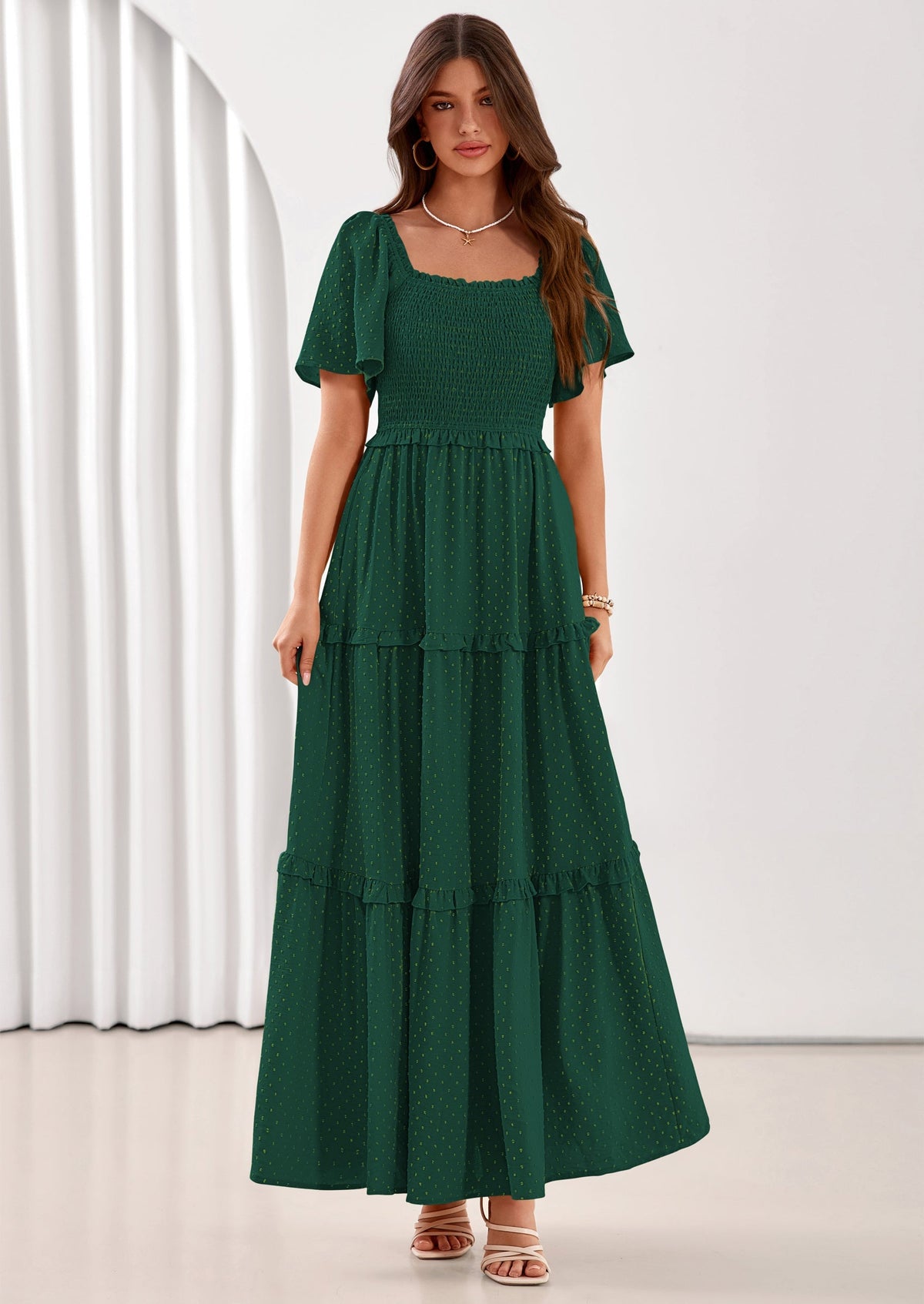 Swiss Dot Smocked Maxi Dress - Short Sleeve, Square Neck, Boho - photo 38