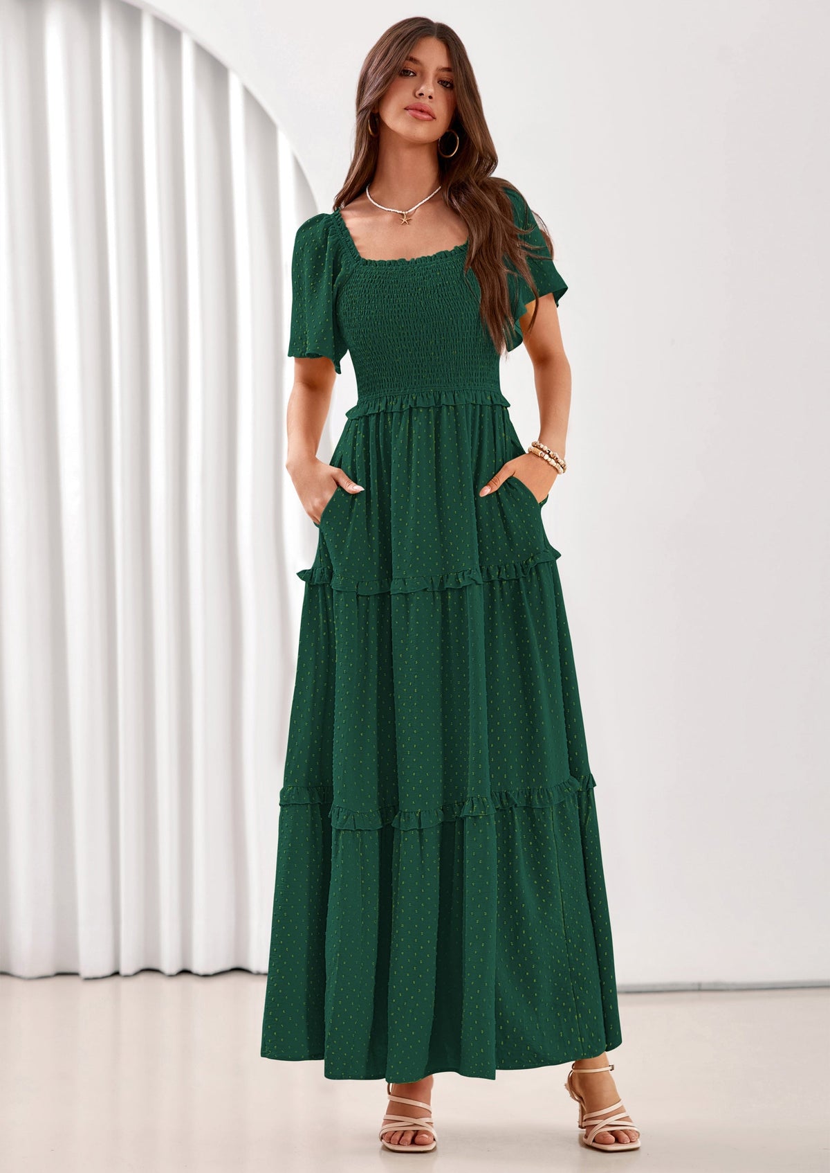 Swiss Dot Smocked Maxi Dress - Short Sleeve, Square Neck, Boho - photo 40