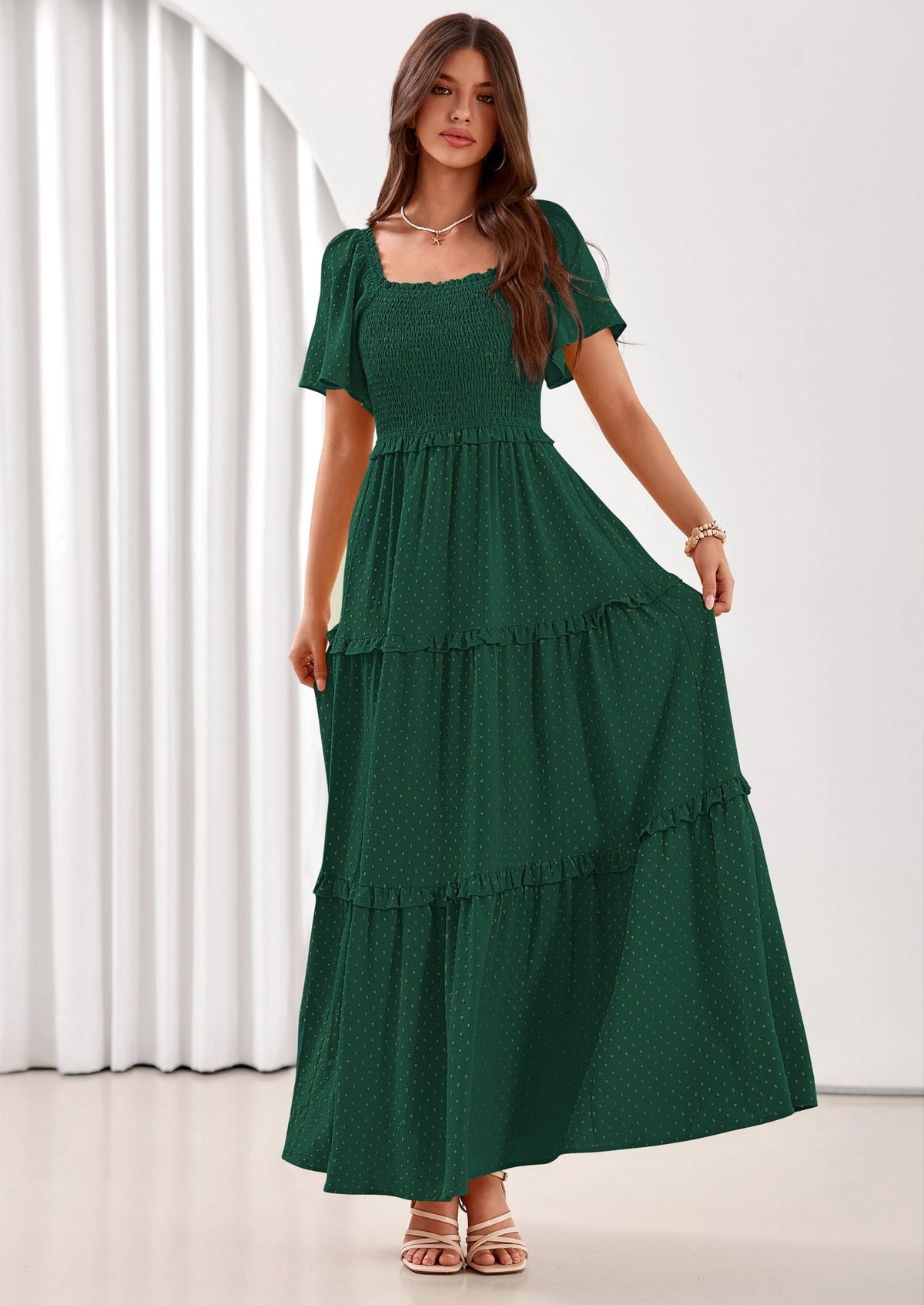 Swiss Dot Smocked Maxi Dress - Short Sleeve, Square Neck, Boho - photo 43
