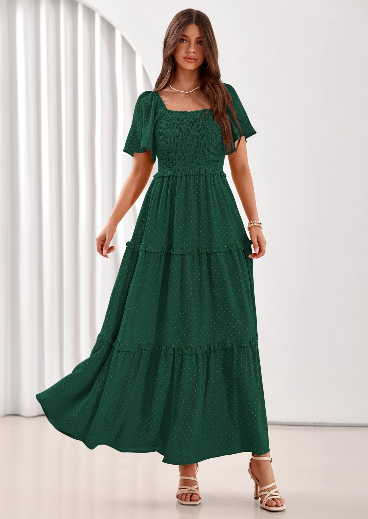 Swiss Dot Smocked Maxi Dress - Short Sleeve, Square Neck, Boho - photo 41