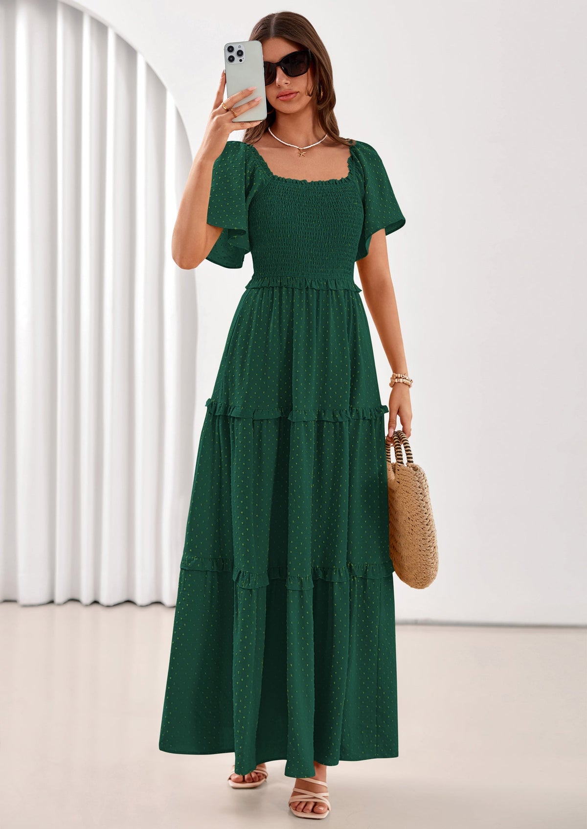 Swiss Dot Smocked Maxi Dress - Short Sleeve, Square Neck, Boho - photo 42