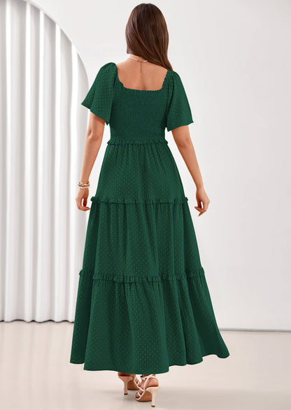 Swiss Dot Smocked Maxi Dress - Short Sleeve, Square Neck, Boho - photo 39