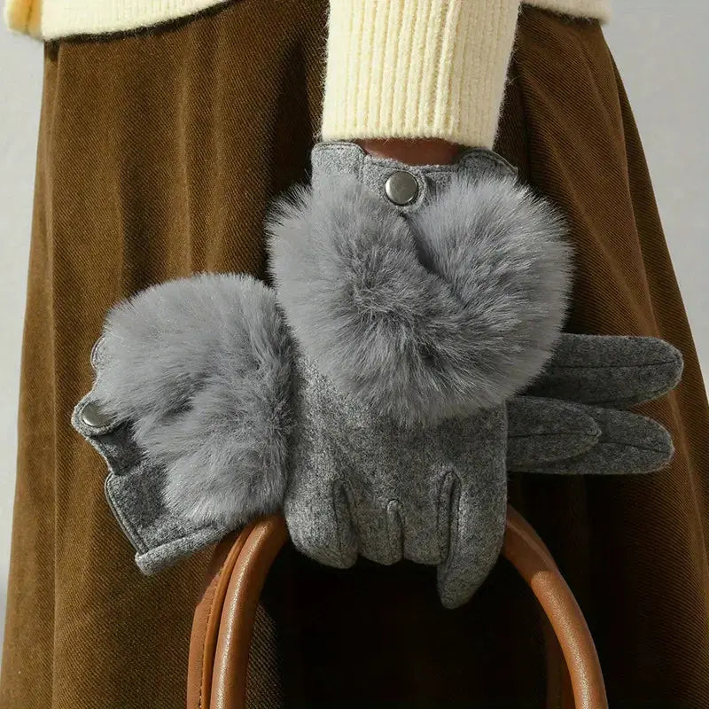 Evelyn black faux fur winter gloves with touchscreen-compatible embroidered rabbit fur accent detail